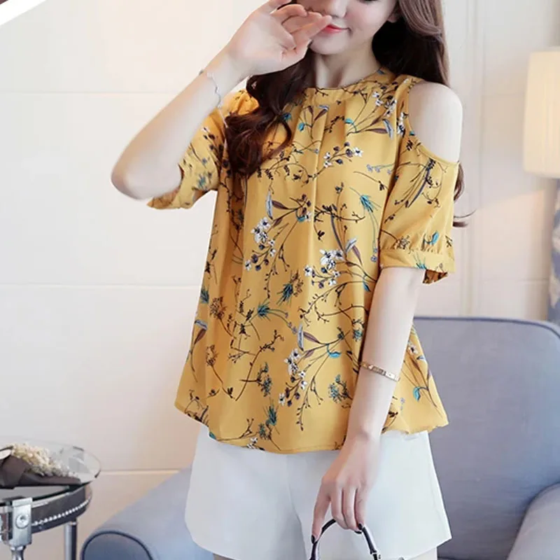 New Chiffon Print Floral Women\'s Shirt Elegant Summer Tops Off The Shoulder Blouses Women Short Sleeve Female Clothing 825C 30