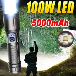 100W Super Bright LED Flashlights High Power White Laser Wick 5000mAh Rechargeable Torch Portable Rechargeable Emergency Lamp