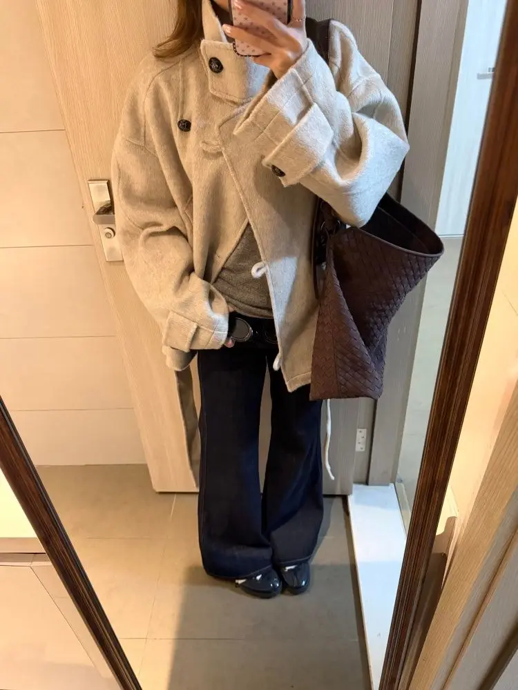 겨울 코란 패션 Y2K 스타일 여성 코트 따뜻한 캐주얼 프렌치 우아한 디자인 울 스탠드업 칼라 트렌치 코트 여성 의류