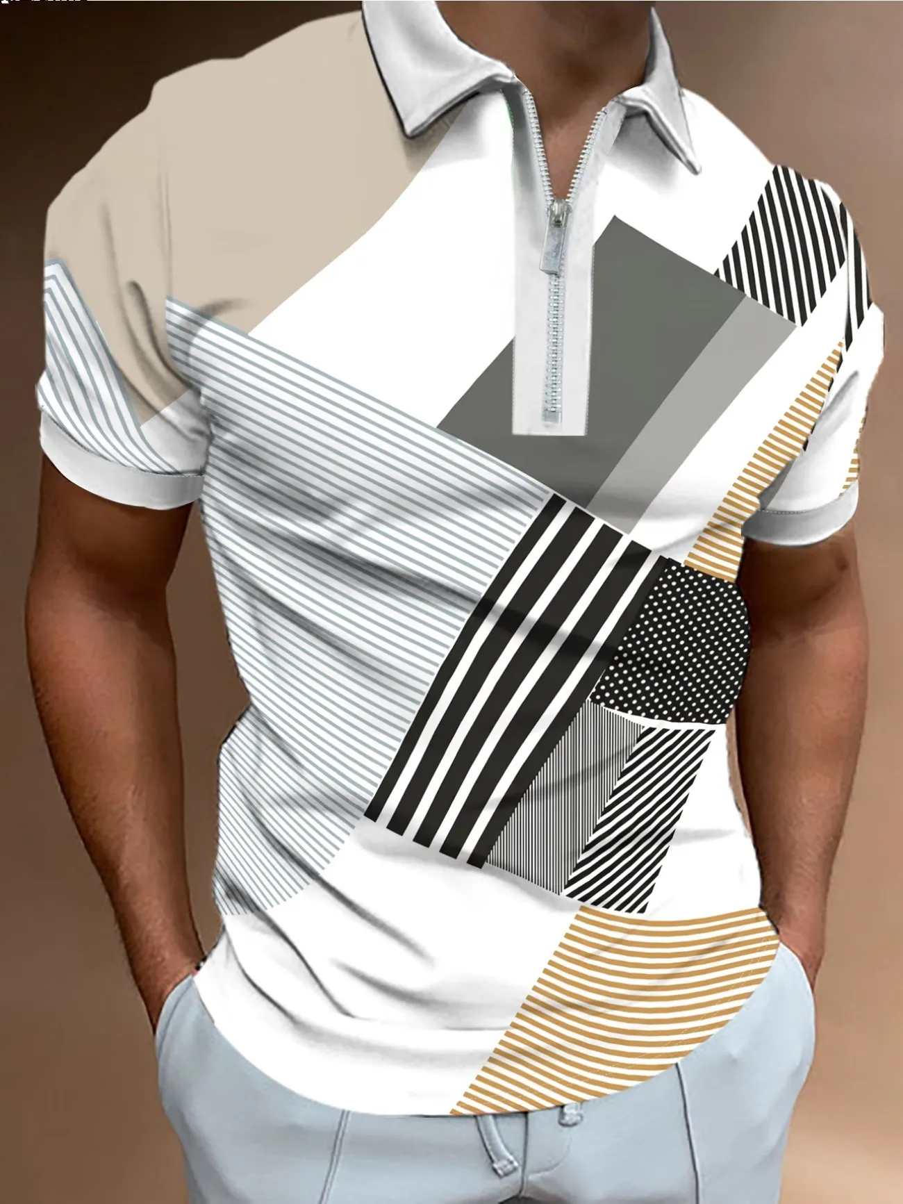 Men's Summer Short Sleeve Zipper Top Geometric Stripe Breathable Polo Shirt Comfortable Lightweight Casual Fashion