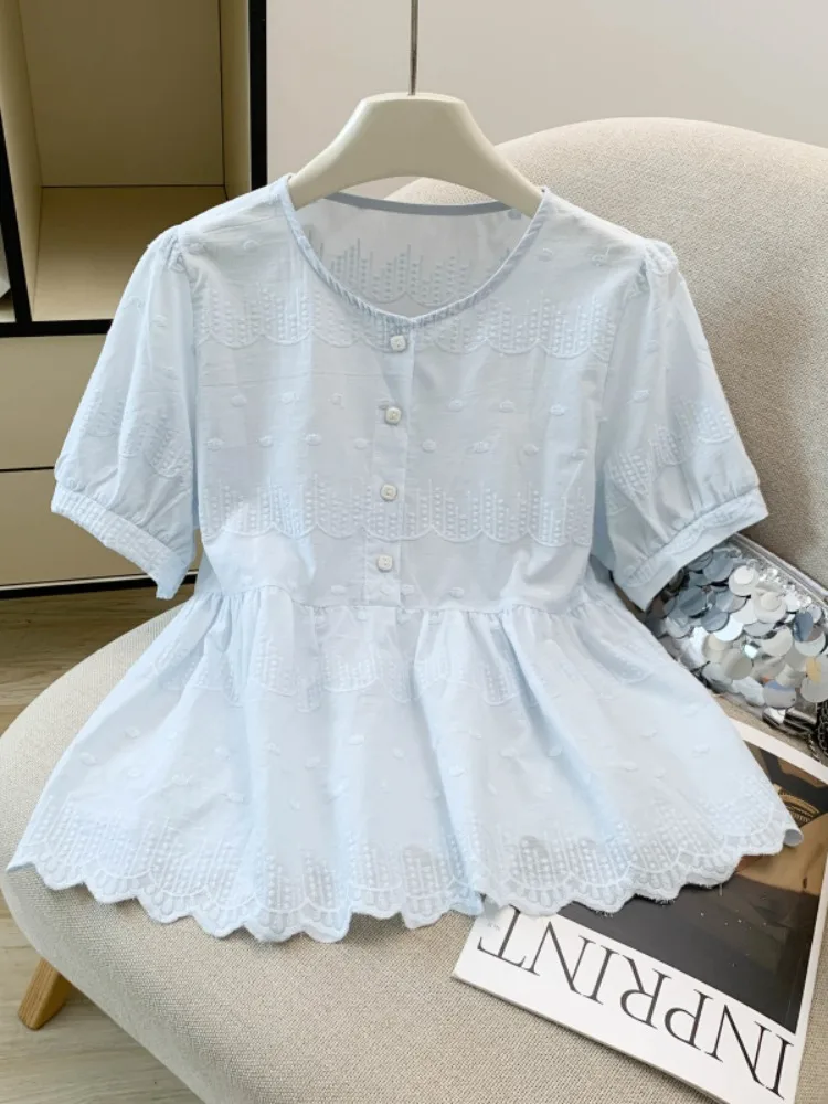 

Ladies' Summer New Style Embroidered Heavy Work Floral Short Sleeve Loose Fit Slimming Shirt Cotton Pure Material V-Neck Casual