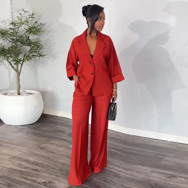 Red Women's 2 Piece Business Suit 2-Button Blazer Casual Office Work Outfits Elegant Pantsuit Set Customize