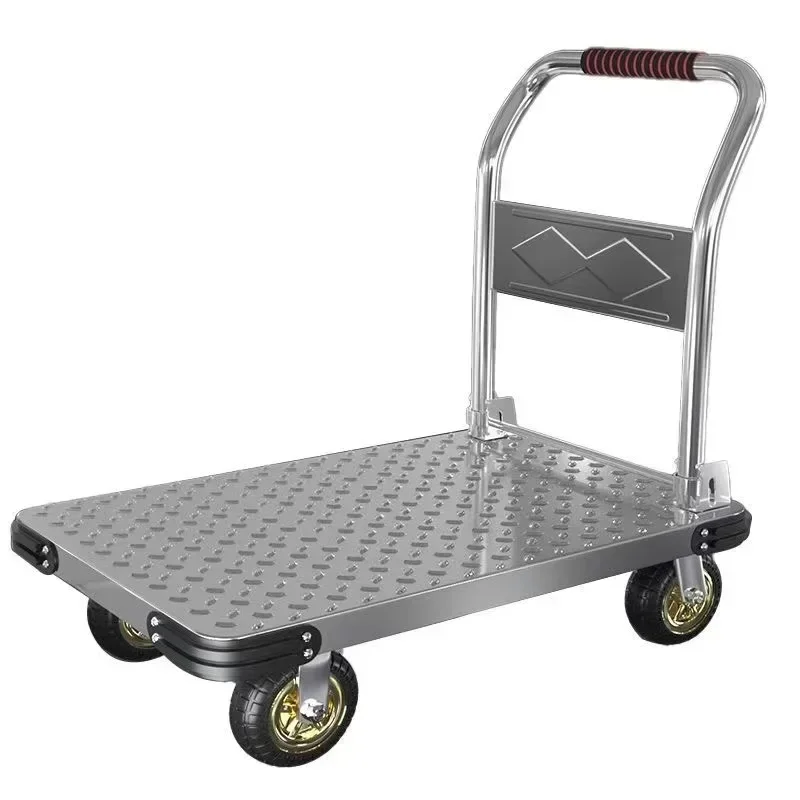 Steel plate trolley, four-wheel silent truck, express pulling flatbed cart, small cart folding trailer, pushing and pulling trol