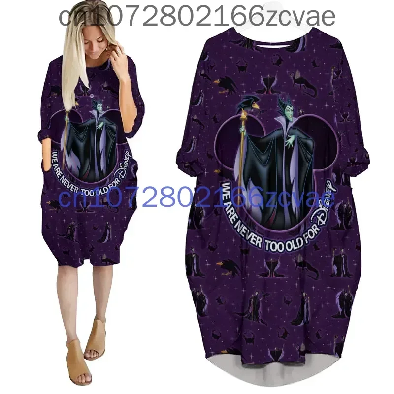 

Summer Disney Maleficent Women's Batwing Pocket Dress New Fashion Street Dress Y2K Loose Casual Long sleeved Women's Dress