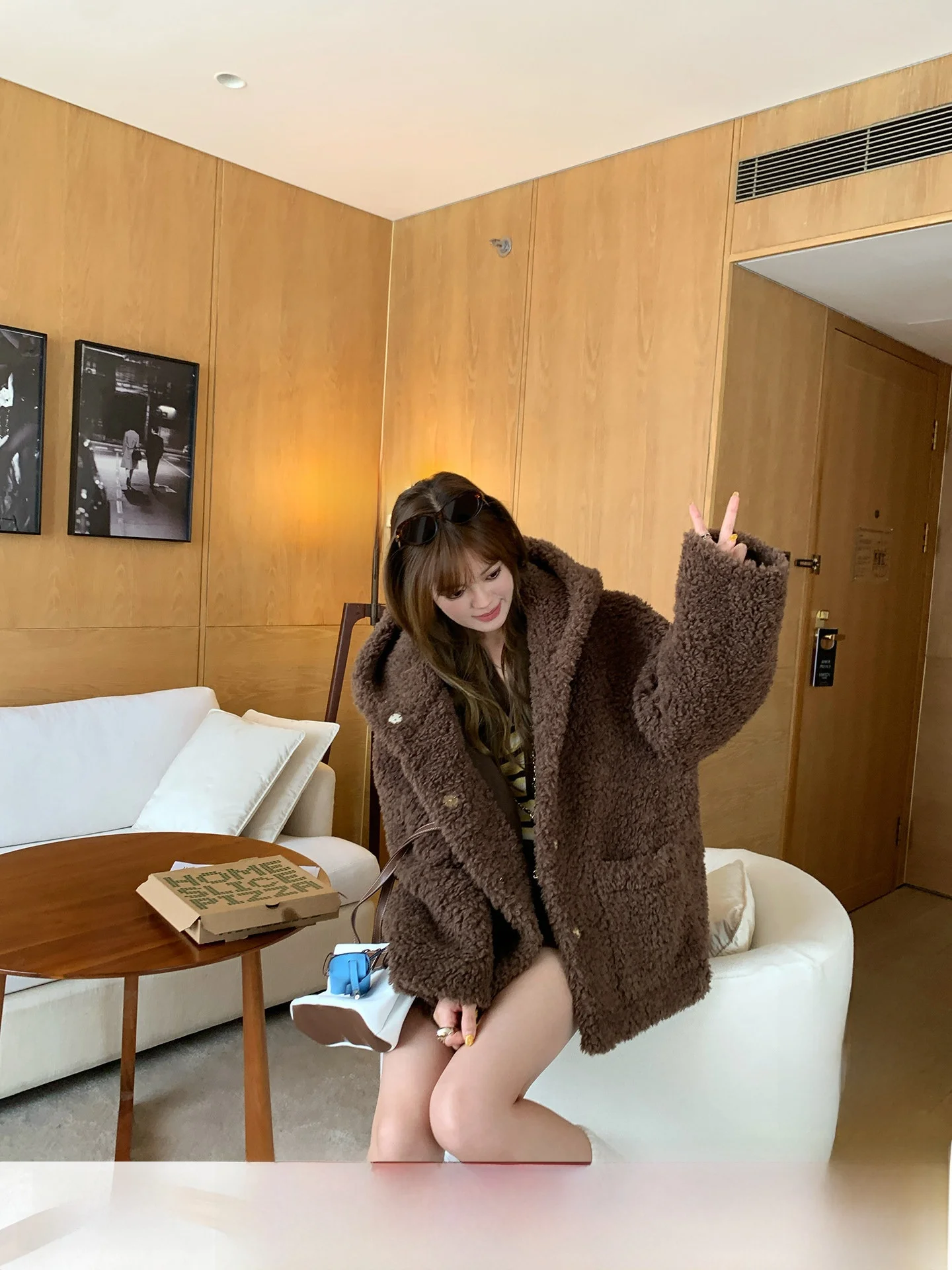 

Anneop Brown Teddy Faux Fur Jaet Women's Casual Hooded Coat Tea Baking Coffee Autumn Winter New Sle Long Sve Pure Color