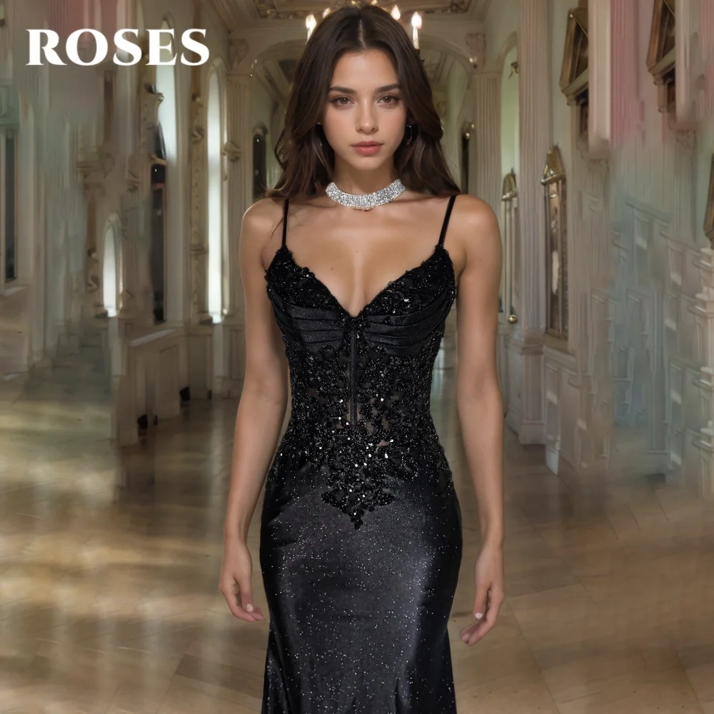 ROSES Black Sexy Prom Dress Sweetheart Hollow Prom Gown with Fishbone Gorgeous Sequins Beadwork Formal Gown for Woman Customized