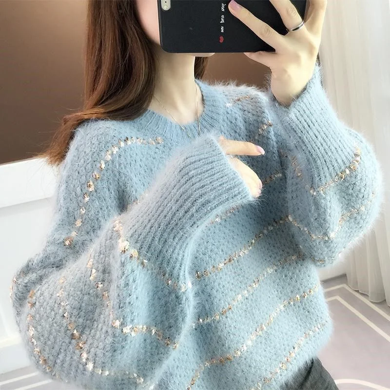 

Норковый бархатный женский свитер, свободная верхняя одежда, ленивый стиль, осенне-зимний пуловер, новый модный вязаный низ, рубашка