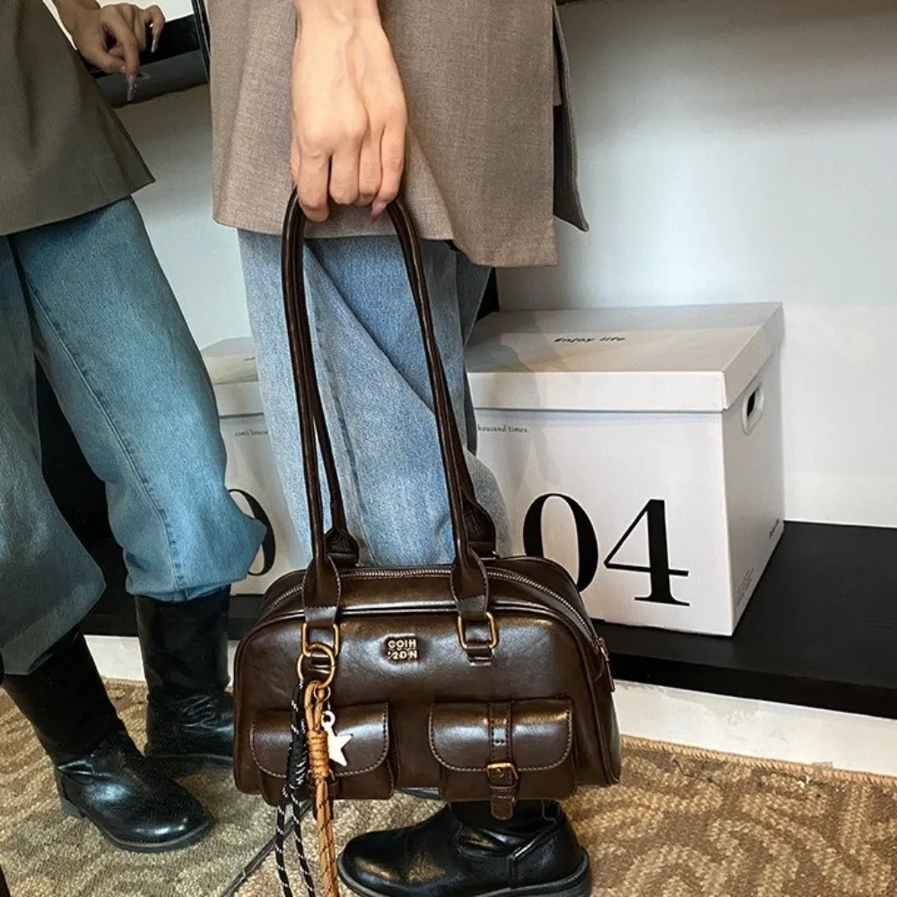 

Casual JK Leather Shoulder Bag PU Leather Solid Color Bowling Bag Multifunction Handheld Hobo Bag Travel