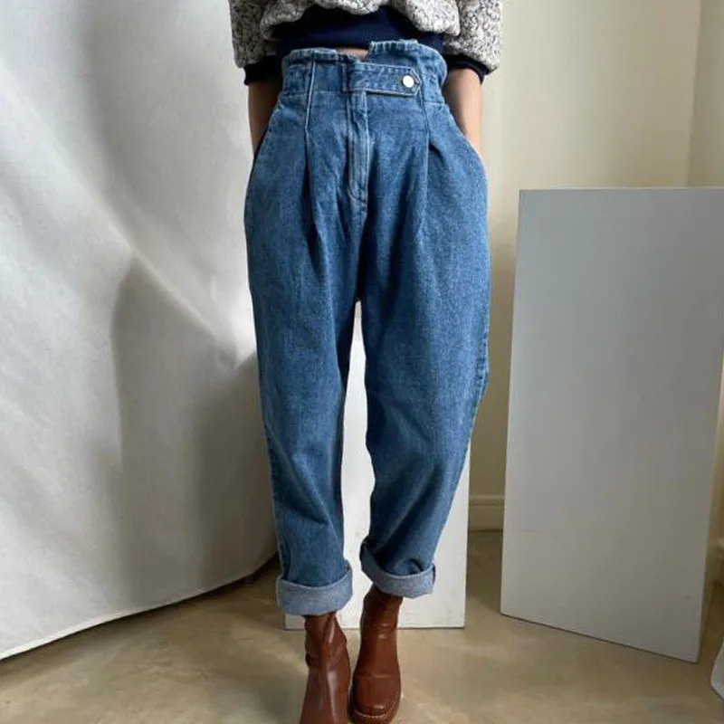 

Chic Retro High Waist Straight Leg Harlan Jeans Women's Long Pants Double ket Versatile Single Button Floral Print