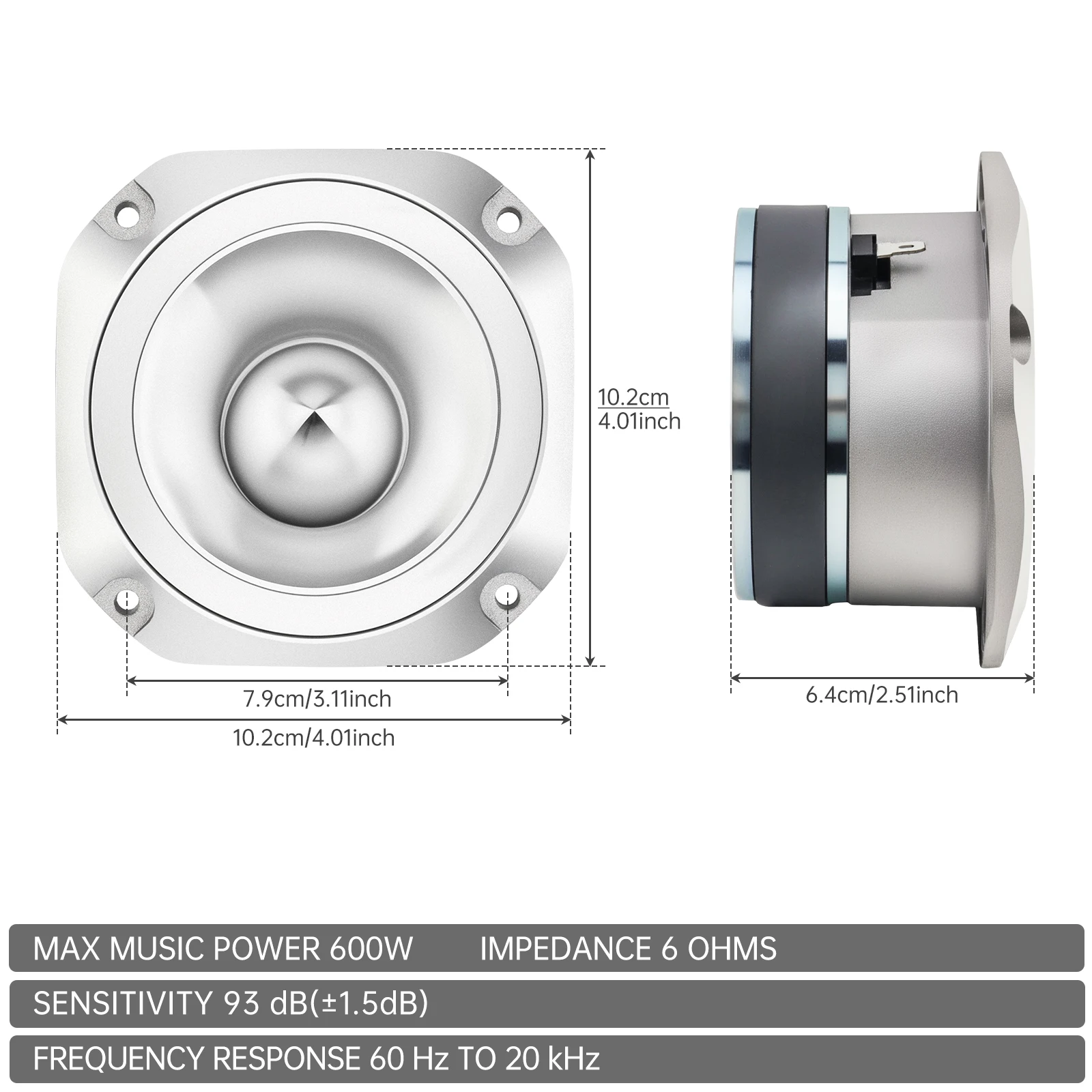 4 Inch 600W 6OHM GT-S20 Aluminum Bullet Tweeter for Vehicle / Auto Cars Stereo Modified with Capacitor