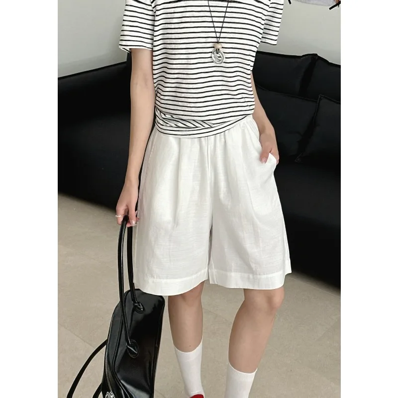 Shorts de Verano para Mujer, de Algodón, Cintura Alta, Corte A, Holgados, Azul Marino, Pantalones Cortos Blancos Tipo Bermuda para Mujer, Estilo Baggy