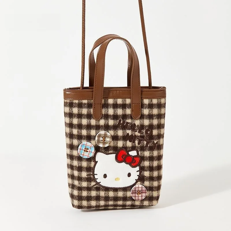 

Милая винтажная сумочка-кроссбоди Sanrio в коричнево-красную клетку для телефона, маленькая ретро-сумочка Hello Kitty, милый мультяшный праздничный подарок