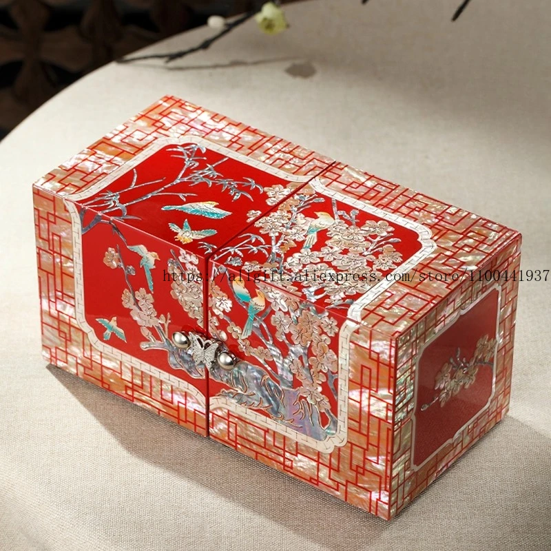 

Chinese Lacquer Jewelry Box with Mother-of-Pearl Inlay Bamboo Plum Design Gift Box for Bracelet Necklace Watch Storage