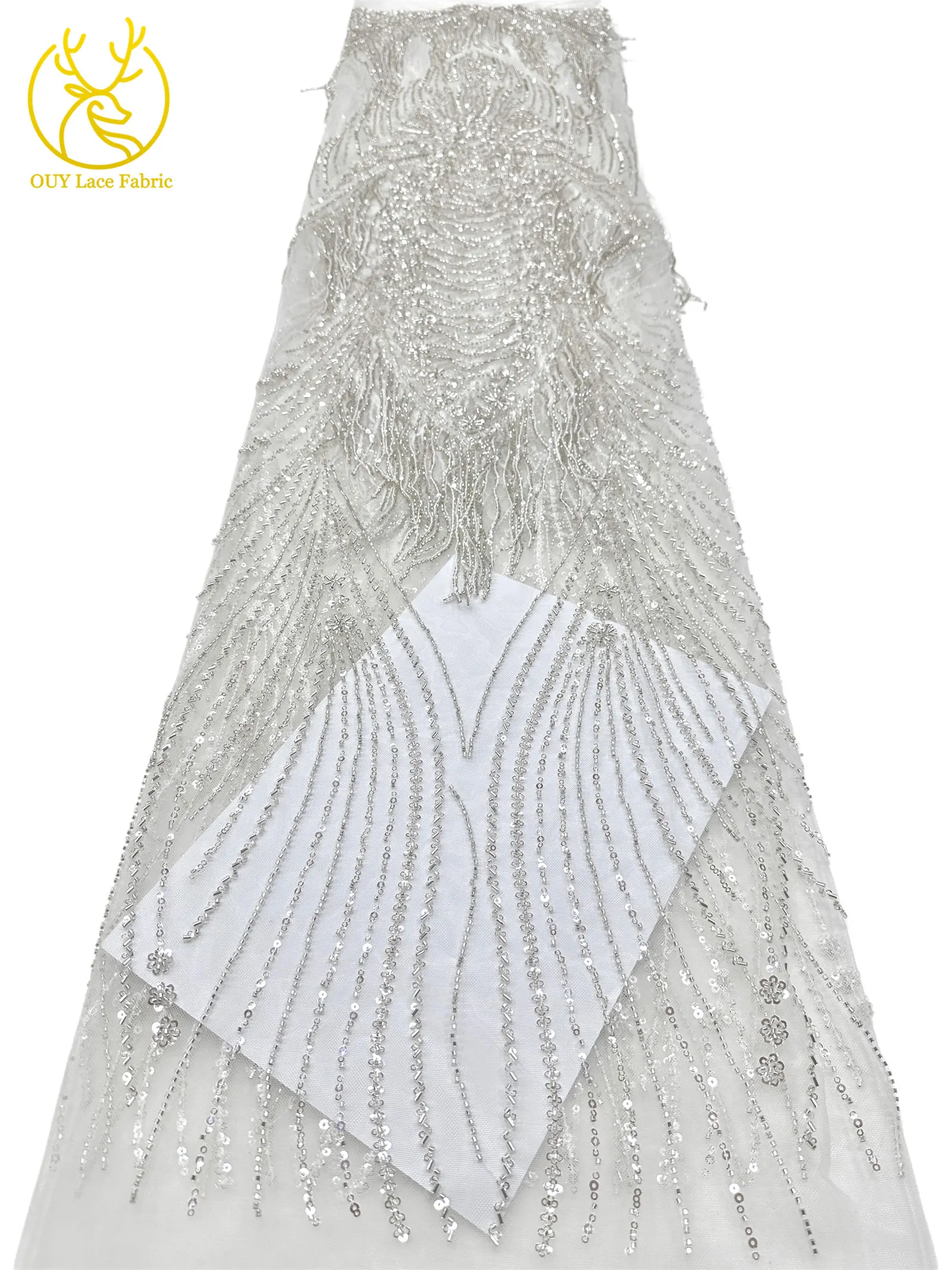 Grüner neuer Design-Tüllstoff mit afrikanischen 3D-Perlen, hochwertiger französischer Pailletten-Tüllstoff für Hochzeitskleider zum Nähen – Detail 10