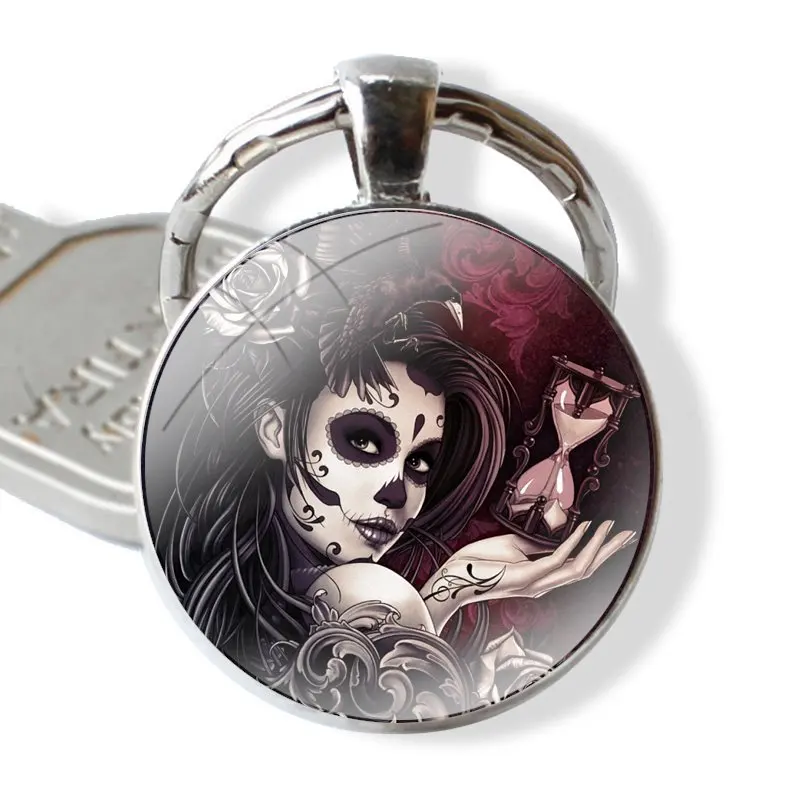 glass cabochon keychain Car key chain Charms keychains Gifts Accessories Phone Cases Covers Mexican Skull Girl tattooed Art