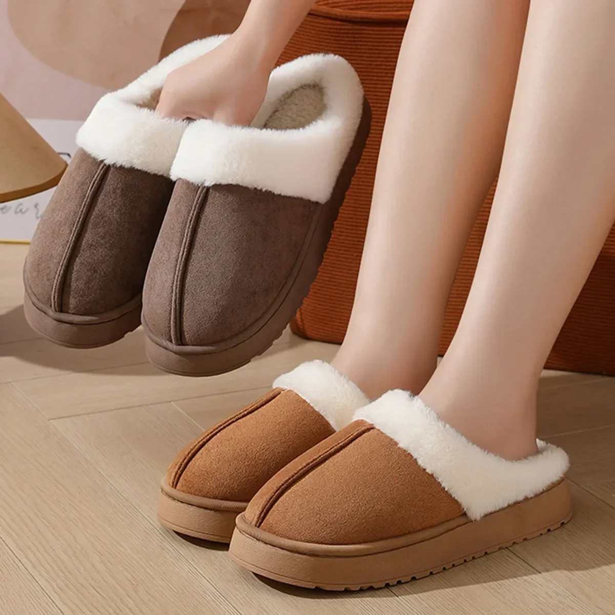 Hot Sale Women Faux  Slippers Winter Cozy Plush Platform Thick Sole Non-Slip Warm Fur Collar Unisex Indoor Outdoor Slippers