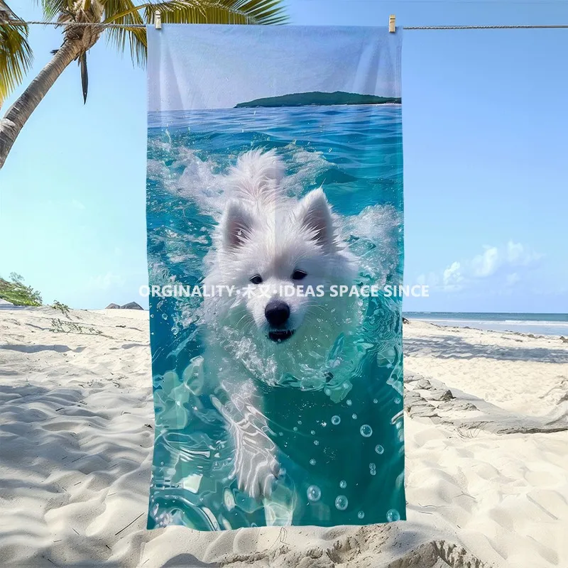 Cute Samoyed Swimming Beach Towel Patterned Sunscreen And Windproof Suitable For Swimming Pool Camping Travel