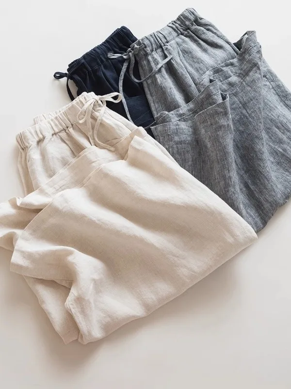 Pantaloni casual versatili a vita alta a gamba larga da donna Estate 2025 Lino giapponese Sle Pantaloni semplici da sette piedi larghi
