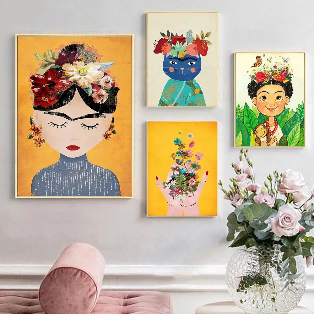 

Color Cartoon Girl Portrait Canvas Painting Cute Cat Flower Butterfly Posters and Prints Cuadros Wall Art Picture for Home Decor