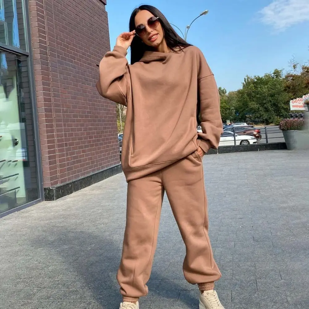 Casual Long Sleeve Jogging Pants Outfits Big Hat 2Piece Sets Velvet Running Sets Thicked Solid Tracksuit Women Y2K Daily Outfit