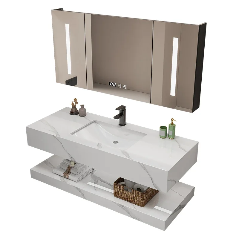 

Minimally designed bathroom cabinet, combined with rock slab ceramic basin, modern simple bathroom washbasin