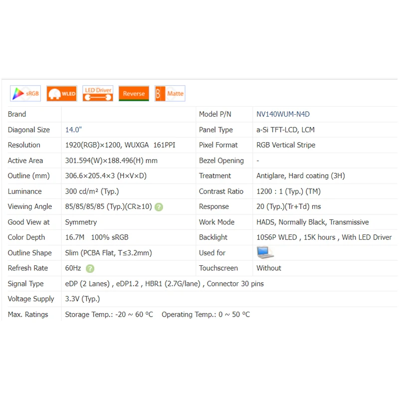 Imagem -04 - Substituição da Tela Lcd do Portátil Nv140wum N4d Nv140wum-n4d Display Painel Matrix 1920x1200 Ips 100 Srgb Edp 30 Pinos No-touch 14