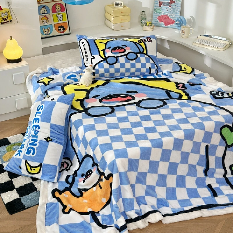 Blue Checkerboard Pattern Fat Shark Soft Glutinous Milk Blanket Arctic Velvet Student Dormitory Four Season Blanket Warm Gift