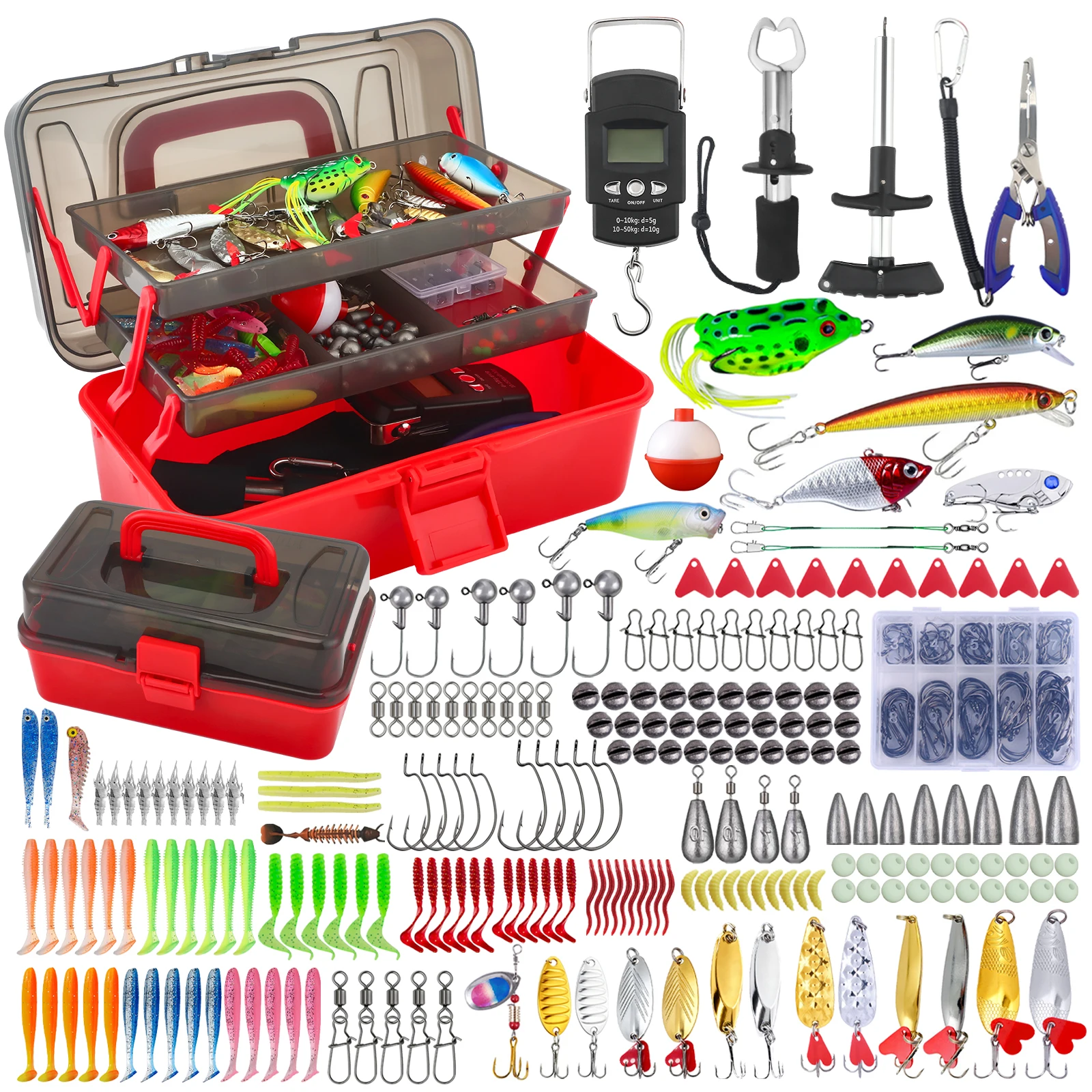 Image of 270-teiliges Angelzubehör-Set mit Ködern und Werkzeugen, komplettes Angelausrüstungsset mit Digitalwaage, Lippenzange, Hakenentferner, Zange, Hart- und Weichködern, Haken, Bleigewichten und Zubehör,