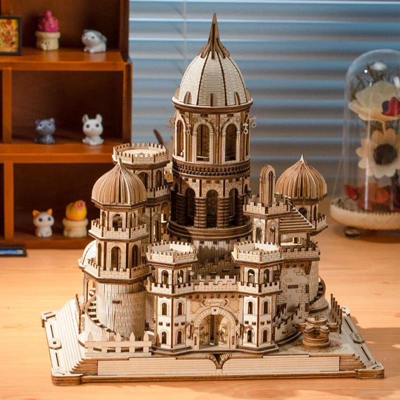 3D Wooden Puzzle Magic Castle Music Box Miniature Model Kits Mechanical Gear Rotation Puzzles Friends Birthday Gift Home Decor