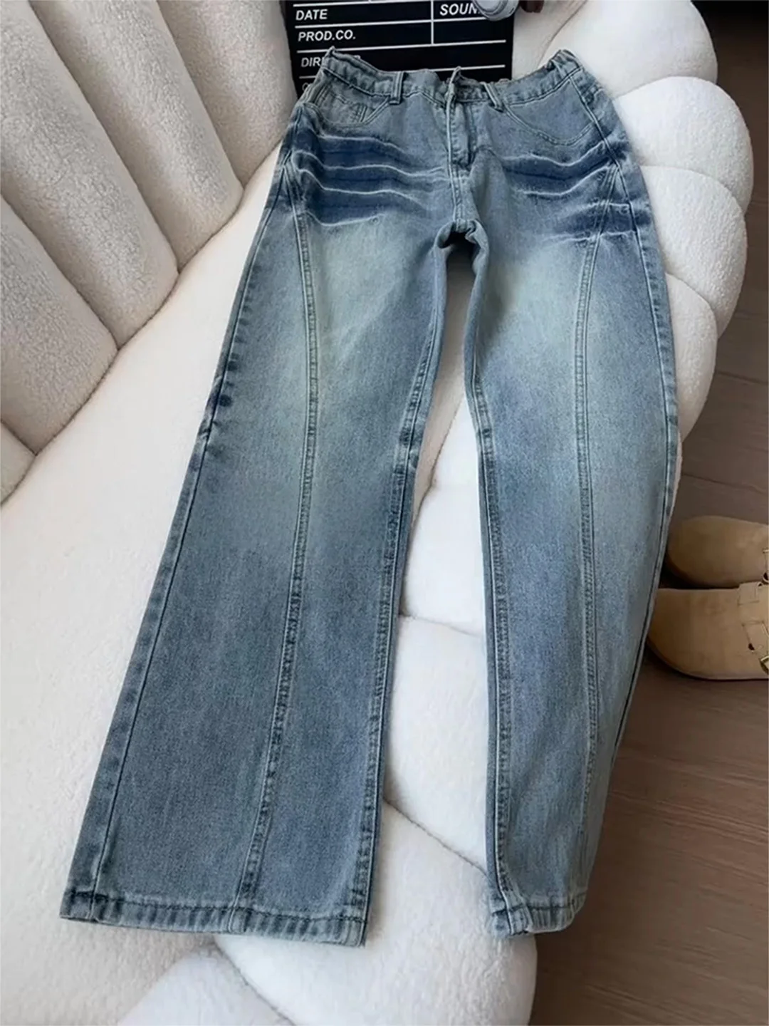 

Cleanfit Blue Lightning Pattern Men's Jeans Winter Slim Straight Leg High Street Sle Casual Denim mid Waist Button Fly