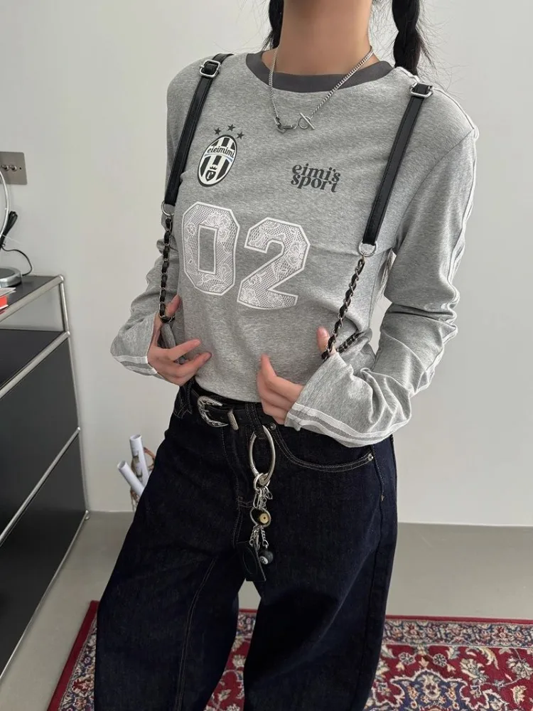 HOUZHOU Vintage Y2k Letter Graphic T-shirts Women Gray Cropped Sports Tees Jersey Streetwear Hip Hop Long Sleeve Tops Blokecore