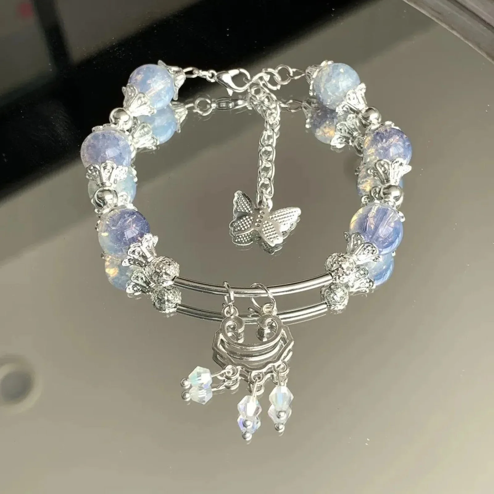 블루 버터플라이 윈드 차임 팔찌 조절 가능한 합금 뱅글 여성 소녀 선물용