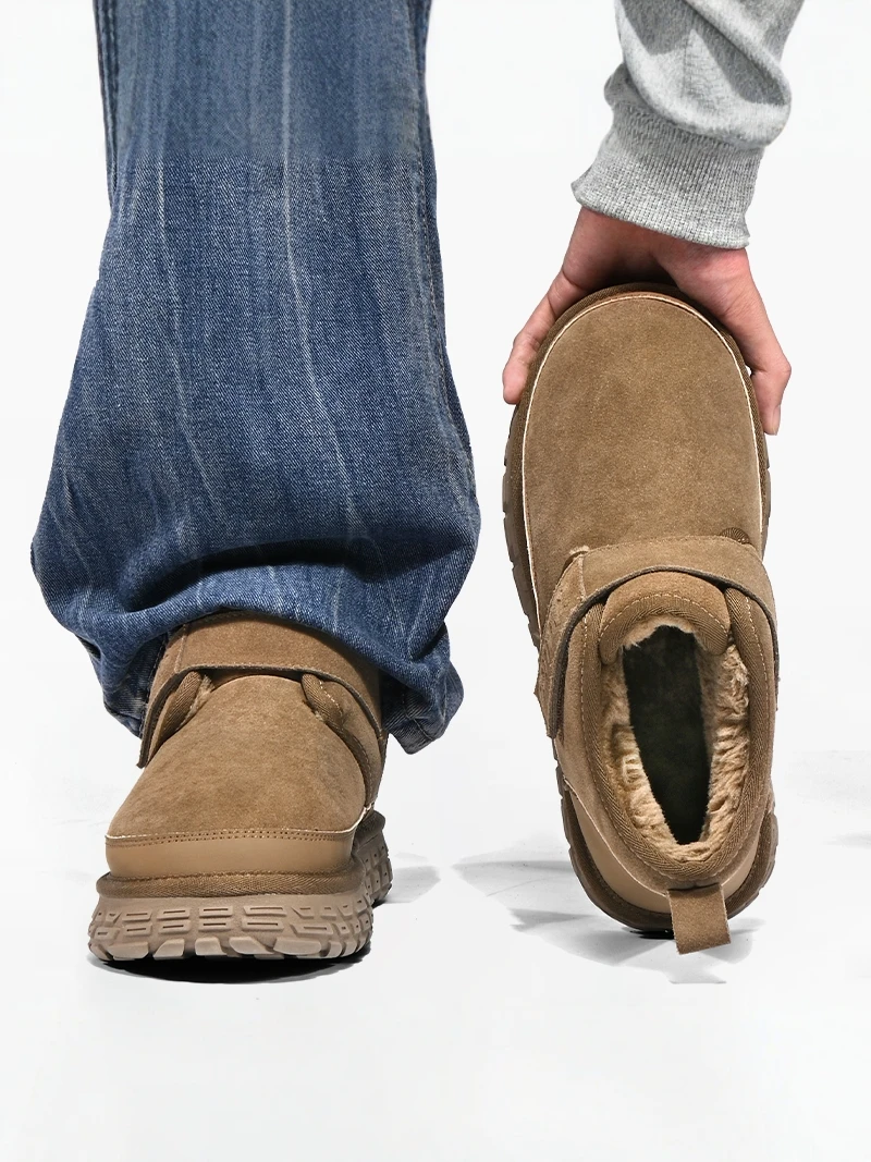 Men's Winter Snow Boots Thickened Fleece Waterproof Leather Fur Integrated Warm Cotton Shoes Anti-slip Short Tube Boots