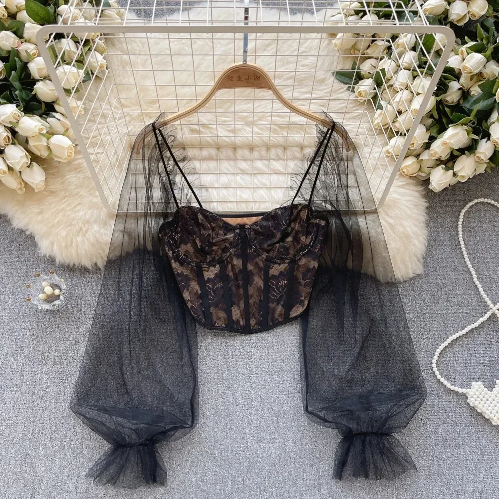 Retro Lace Puff Long Sleeve Blouse Slim Sexy Patchwork Shirt Women Gothic Streetwear Pleated Fashion Crop Top