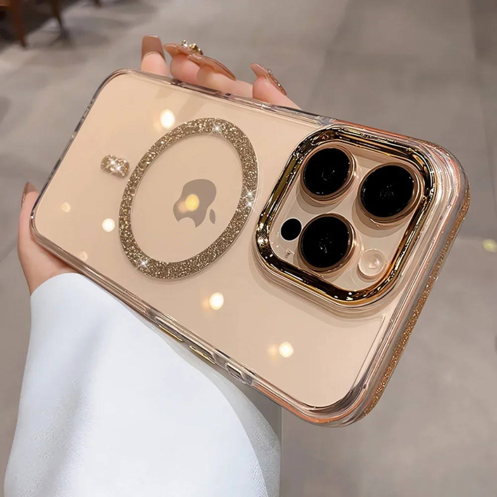 

Luxury Bling Glitte for Magsafe Clear Case For iPhone 16 Pro 15 14 13 12 11 Pro Max 15 Plus Magnet Metal Plating Lens Frame Case