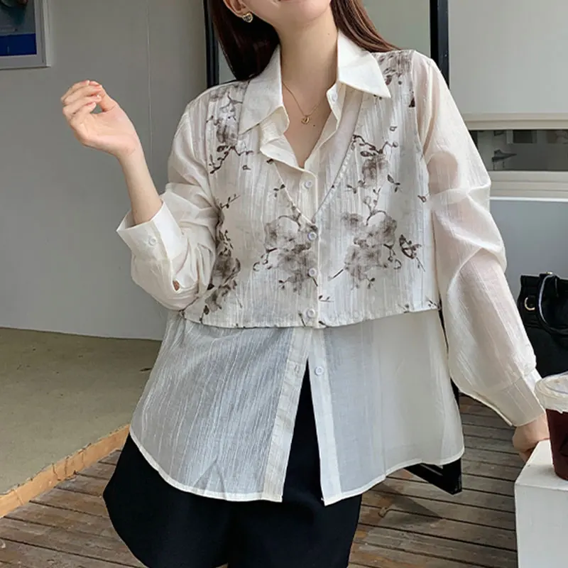 Elegant Fashion Harajuku Slim Fit Female Clothes Loose Casual All Match Tops Polo Neck Button Long Sleeve Blusa Fake Two Pieces