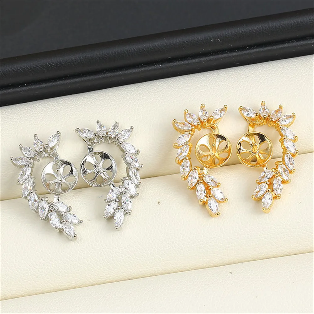 14K Copper Wrapped Gold Injected Flower Earrings Hollow Set Zircon Pearl Earrings S925 Silver Needle DIY Accessories Temperament