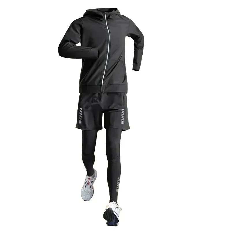 

Men's running suit, lightweight outer layer with tight pants and running shorts, fitness and outdoor jogging clothing