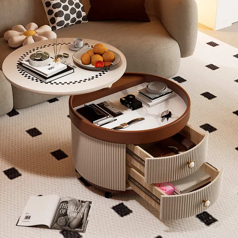 YJQ coffee table living room household small apartment movable lifting round rock slab tea table