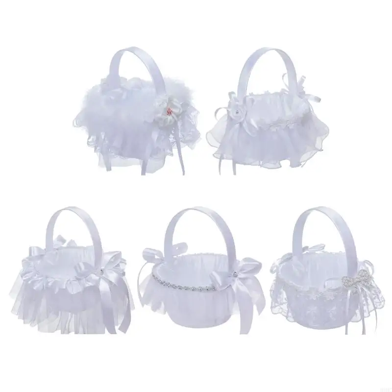 

69HC Romantic Petals Storage Stain Flower Girl Basket Bowknots Decor for Wedding