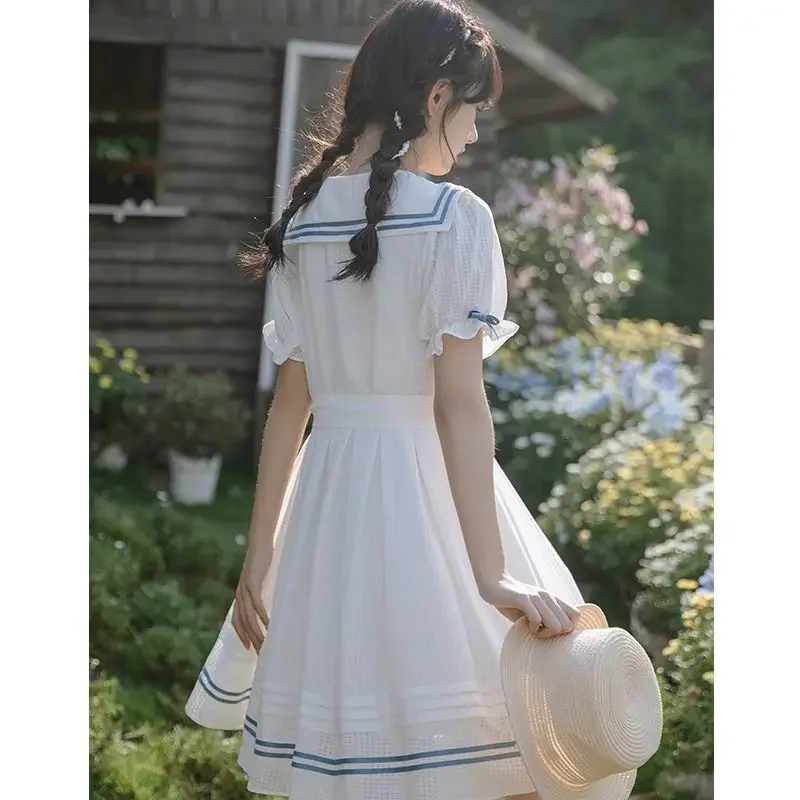 MAGOGO JK Uniform Japanese Sweet College Style Dress Student Navy Collar Puff Sleeve Cute Bow Lacing UP Summer Dress Fow Women