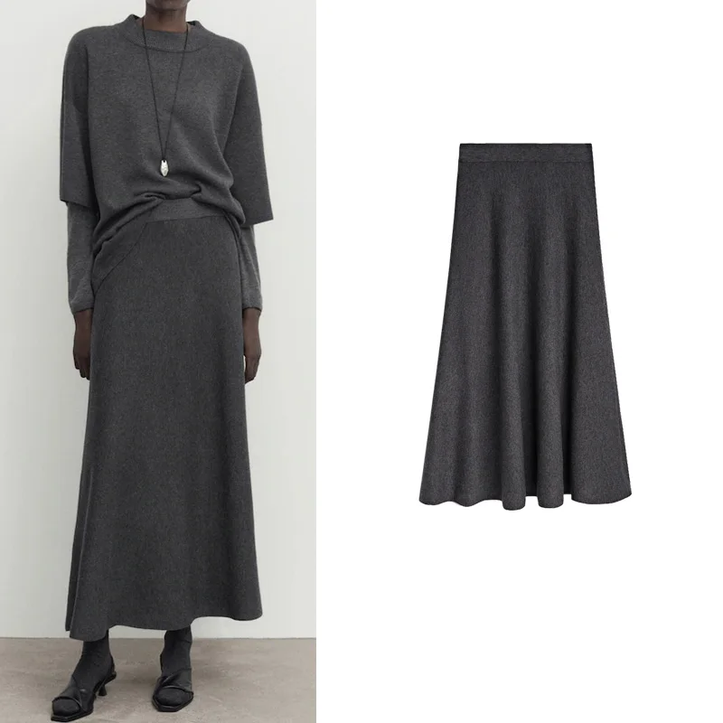 

ay Knitted Long Bell Bot Umbrella Skirt f-length mat Sle Commute A-line High-waist Polyester Fiber Skirt