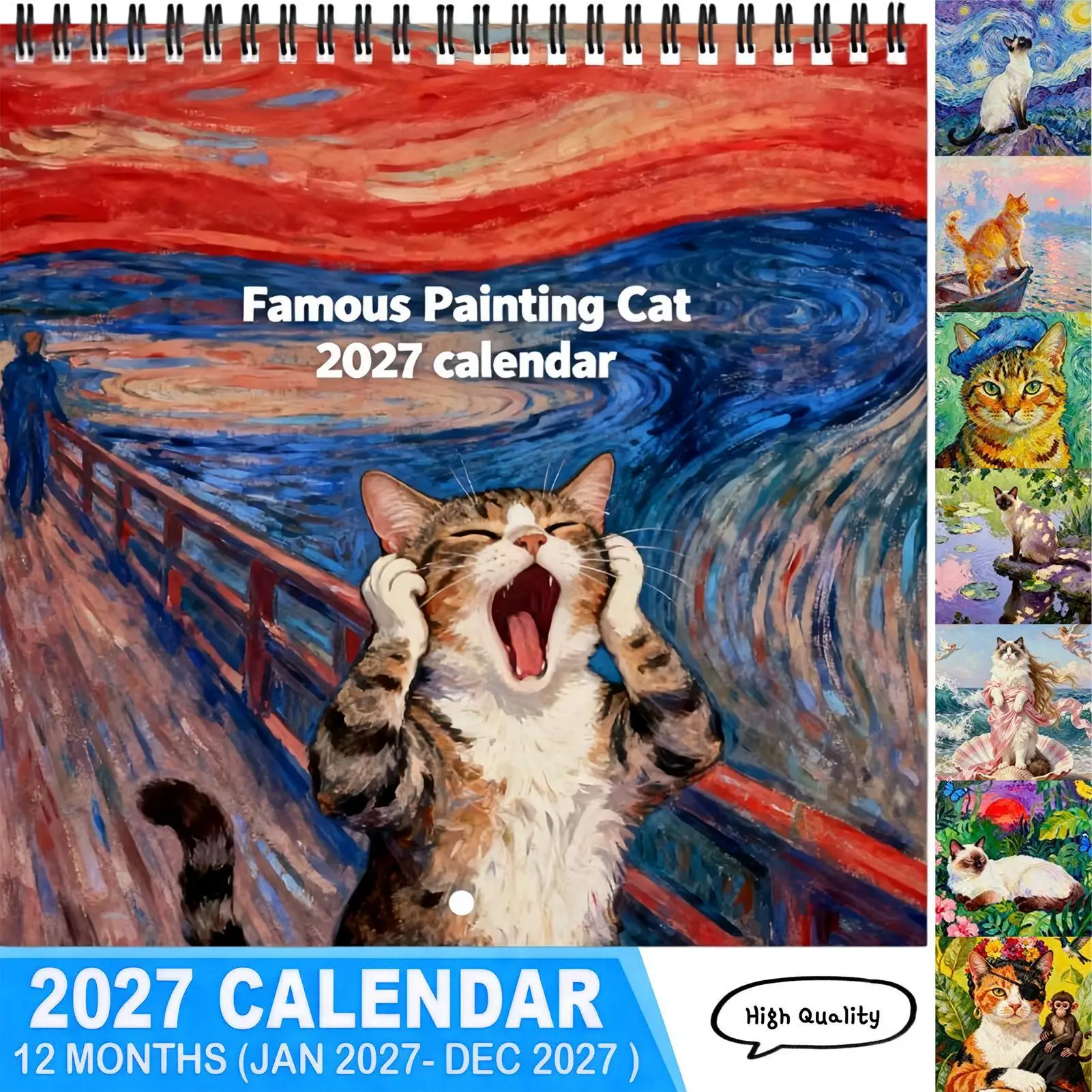2027 Cat Calendar Coil Binding World Famous Painting Wall Planne Christmas New Year Gift for Mom Women Coworker Teacher