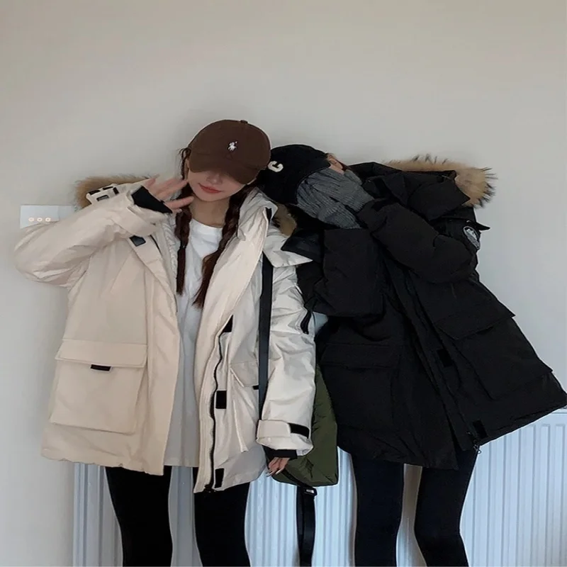 

Mid size cotton jacket for women in winter 2025, new mid to long loose fitting couple's parkour suit, workwear, thick cotton jac