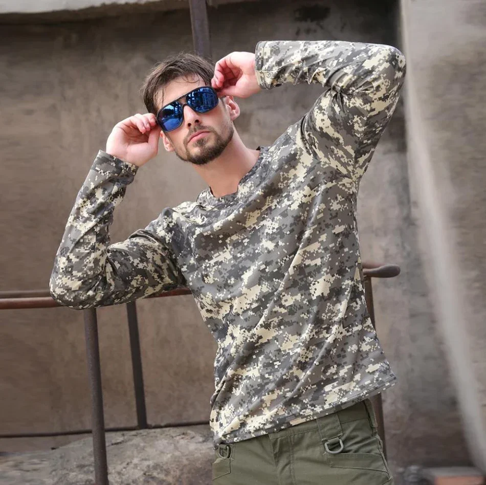 Long-Sleeve T-Shirt Anti-Sweat Tactical Shirts Breathable Camo Under-Shirt Hunting Clothes Men Elasticity Sun-Protective Top