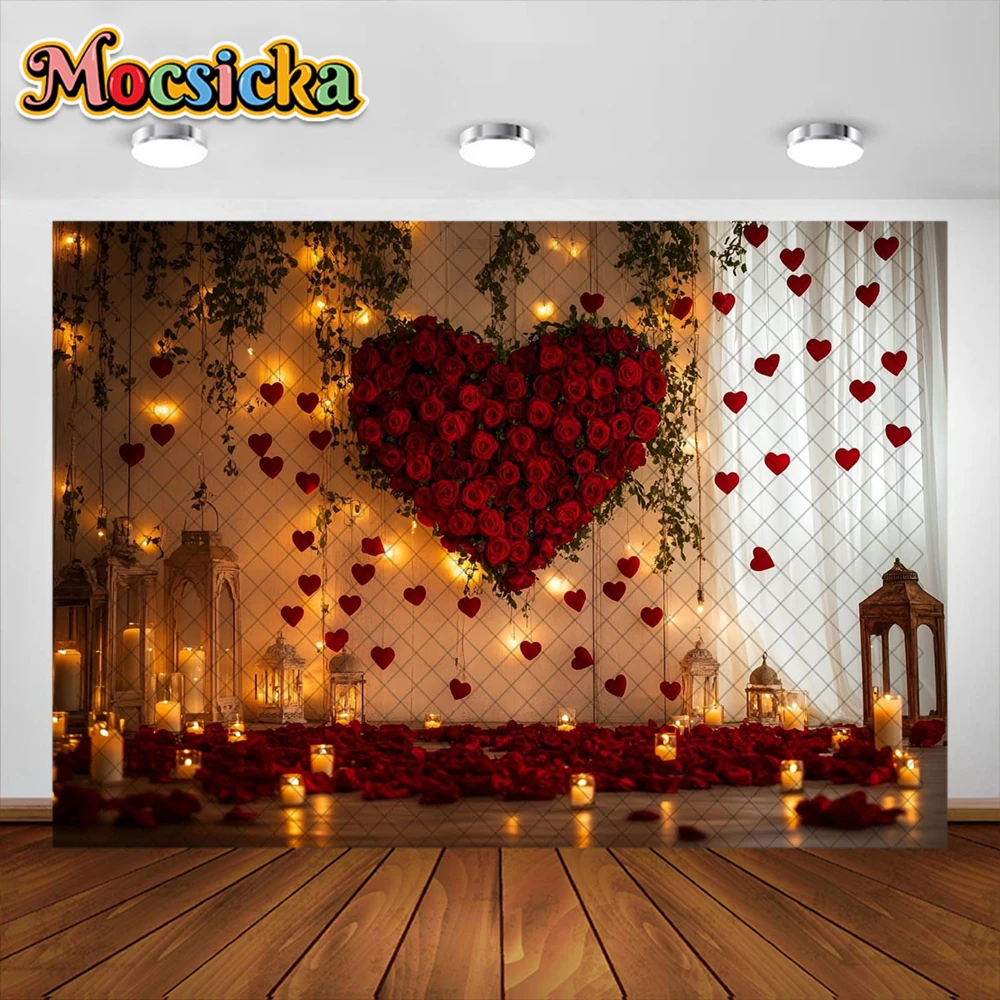 Valentine's Day Photography Background Red Rose Love Wooden Wall Decorative Backdrop Baby Shower Couple Portrait Studio Props