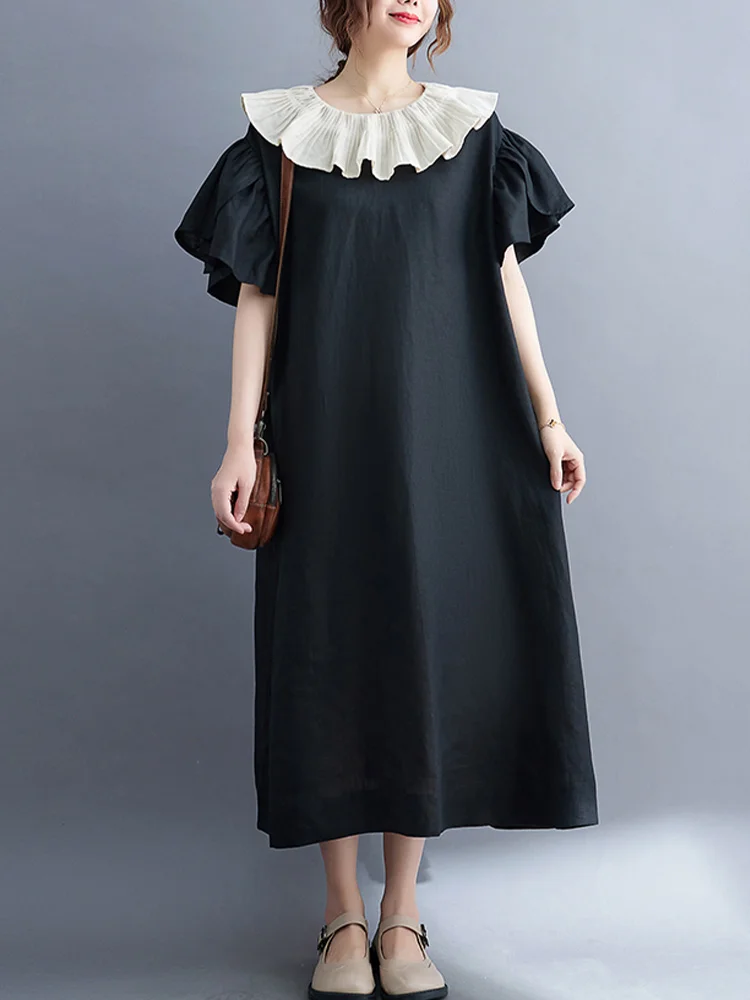 

Хлопково-льняное платье миди Dr, летнее повседневное платье с кукольным воротником Bell Sve, свободный крой, большие размеры, женское платье для художественных поездок на работу