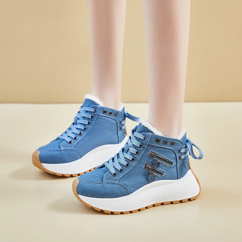 

Women's Winter Fleece-lined Casual Sports Shoes Fashion Denim Thick-soled High-top Sneakers New Thickened Plush Warm Ankle Boots