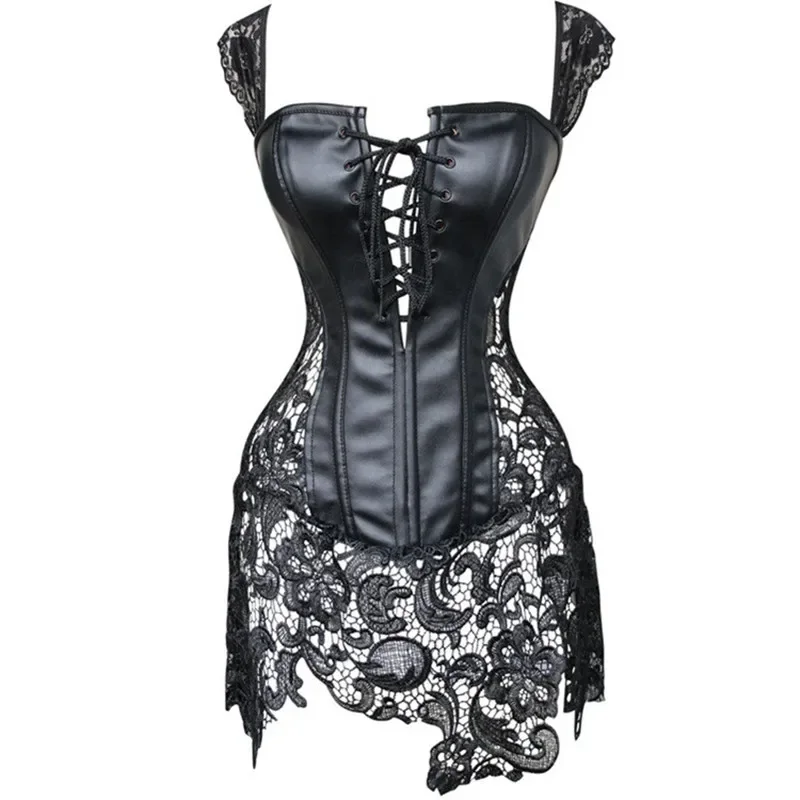 Womens Shoulder Straps Corset Dress Faux Leahter Bustier Waist Cincher Steampunk Shaper Sexy Lingerie Lace Skirt Plus Size 6XL