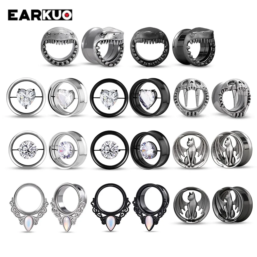 EARKUO Zirconia Cat Shark Ear Tunnels Plugs Stretchers Body Piercing Jewelry Earring Expanders Gauges 2PCS